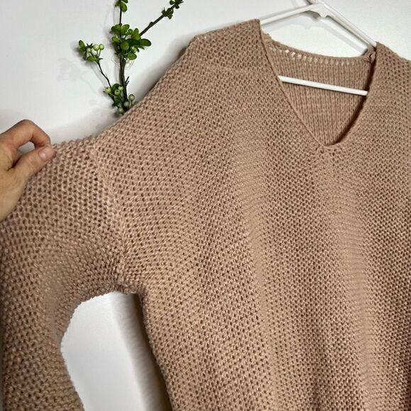 Oversized V Neck Tan Taupe Knit Sweater - Picture 6 of 10